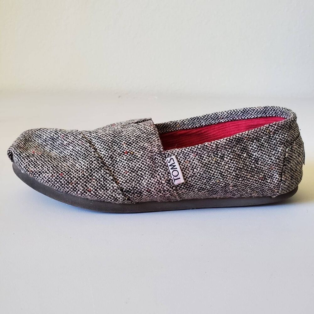 Toms Womens 5 Tweed Loafers Shoes Black White Closed Toe Slip On Flats Comfort